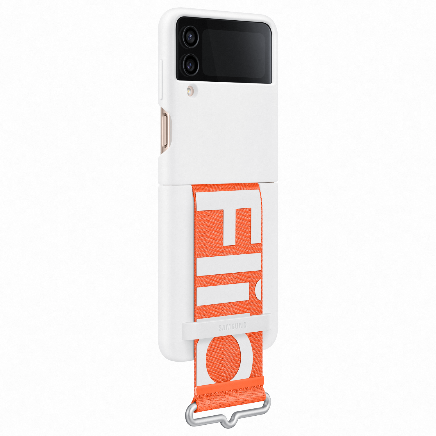 Weißes Handycase mit orangefarbenem Riemen. Auf dem Riemen steht das Wort „FILA“.