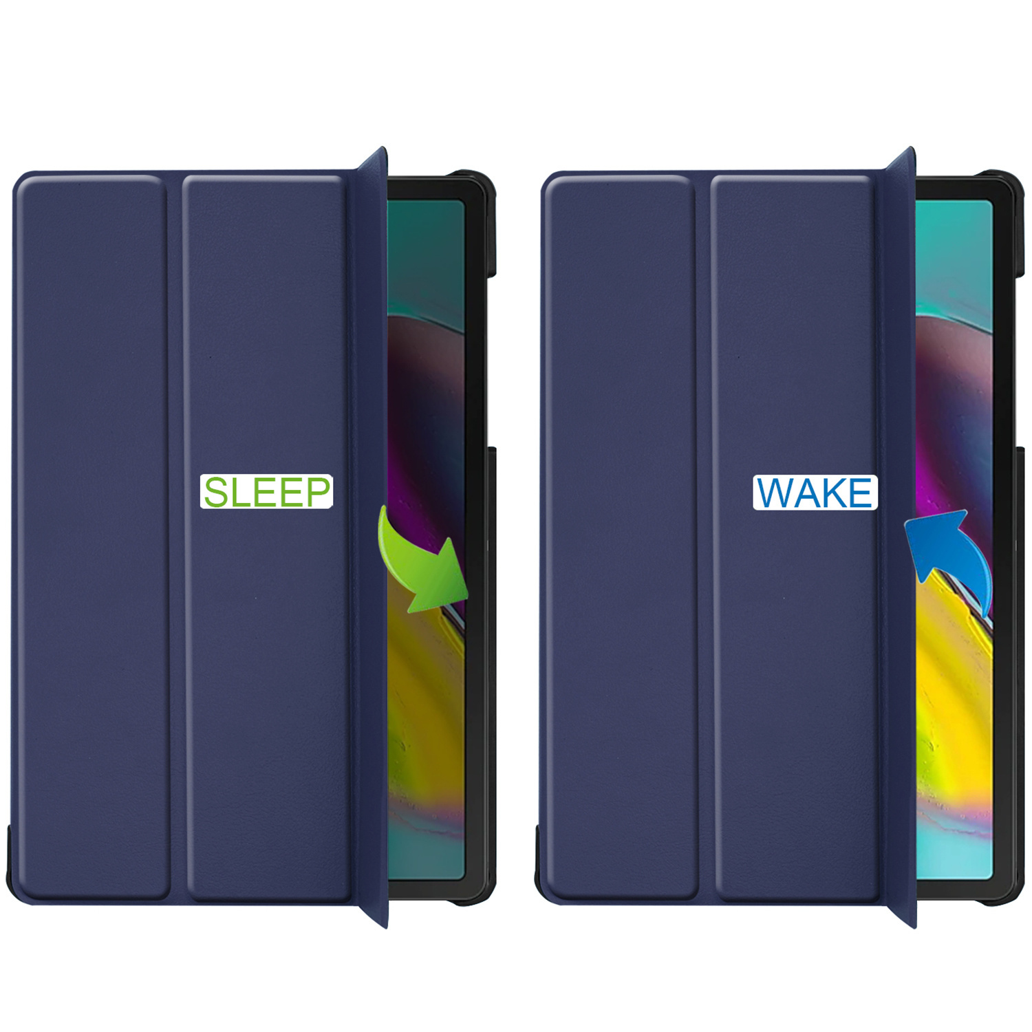 Dark blue tablet case: one side shows 'SLEEP' with green arrow, other shows 'WAKE' with blue arrow.