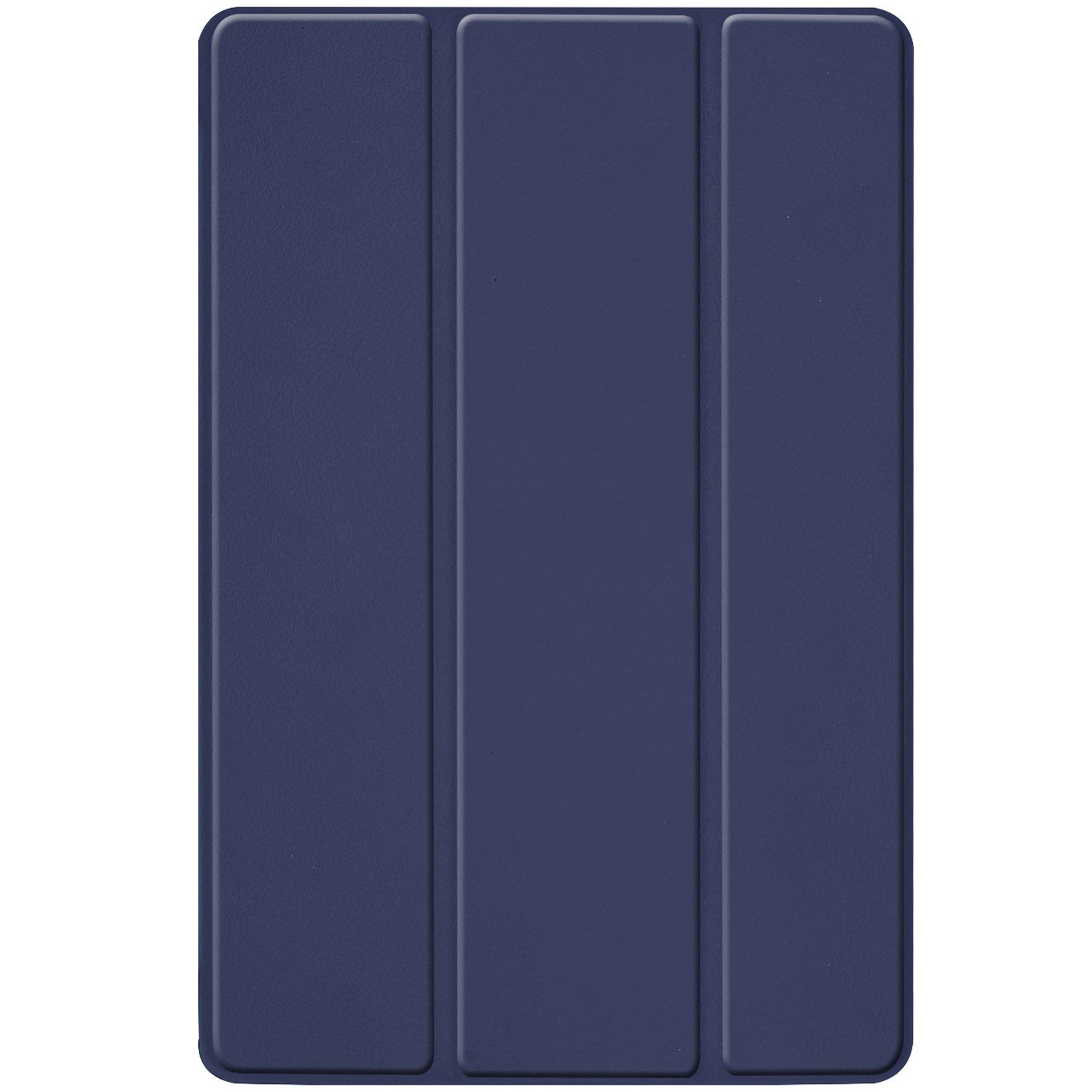 Dark blue tablet case with three fold segments, on a white background.