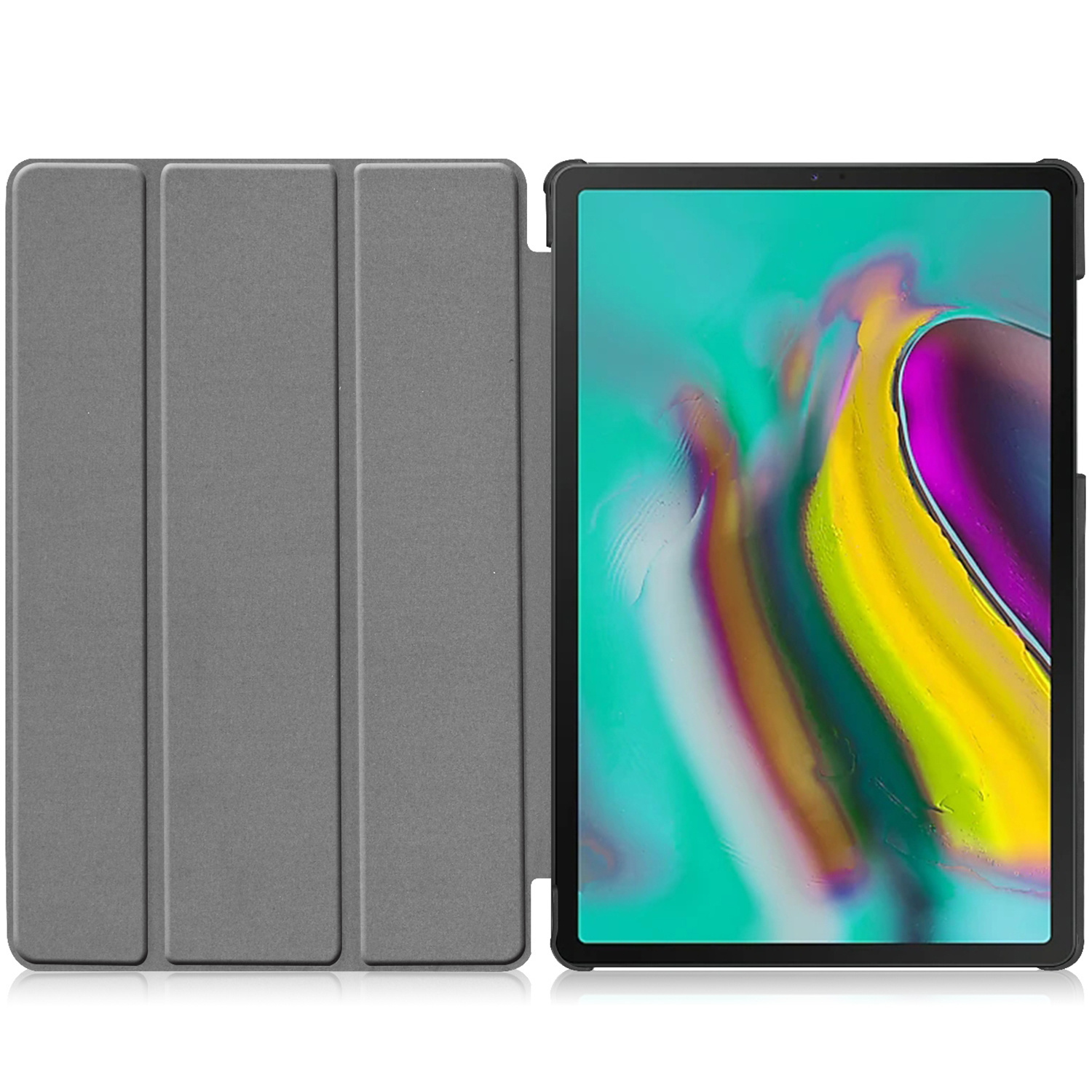 Gray tablet with open cover and colorful screen display.