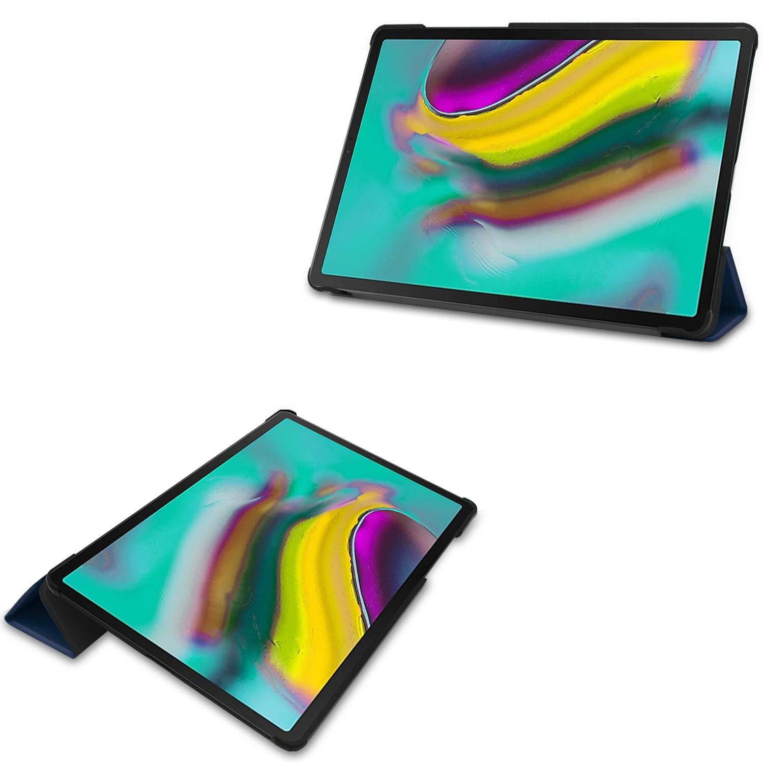 A black tablet with a colorful background in a blue case.