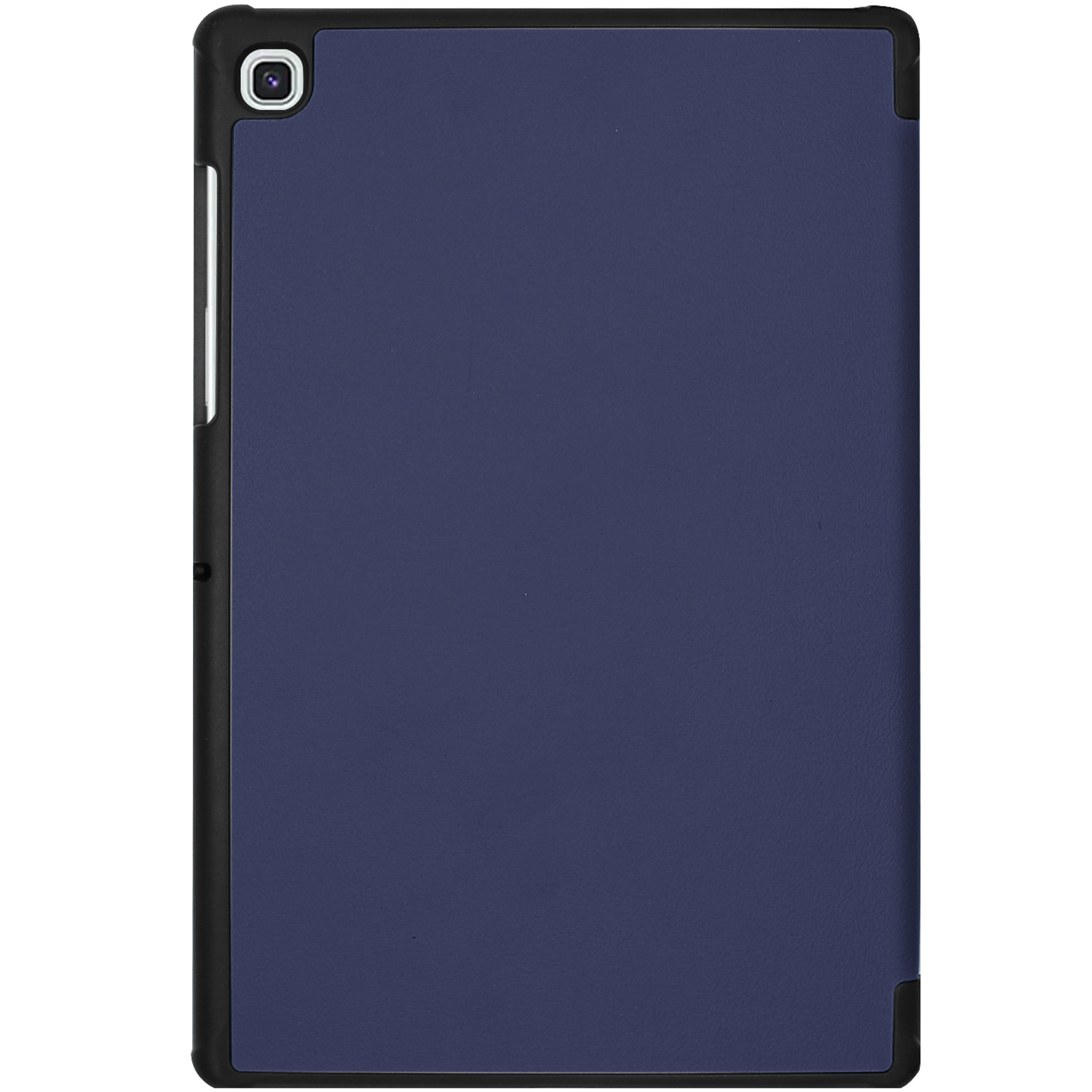 Dark blue tablet case with a black border and camera cutout in the top left.