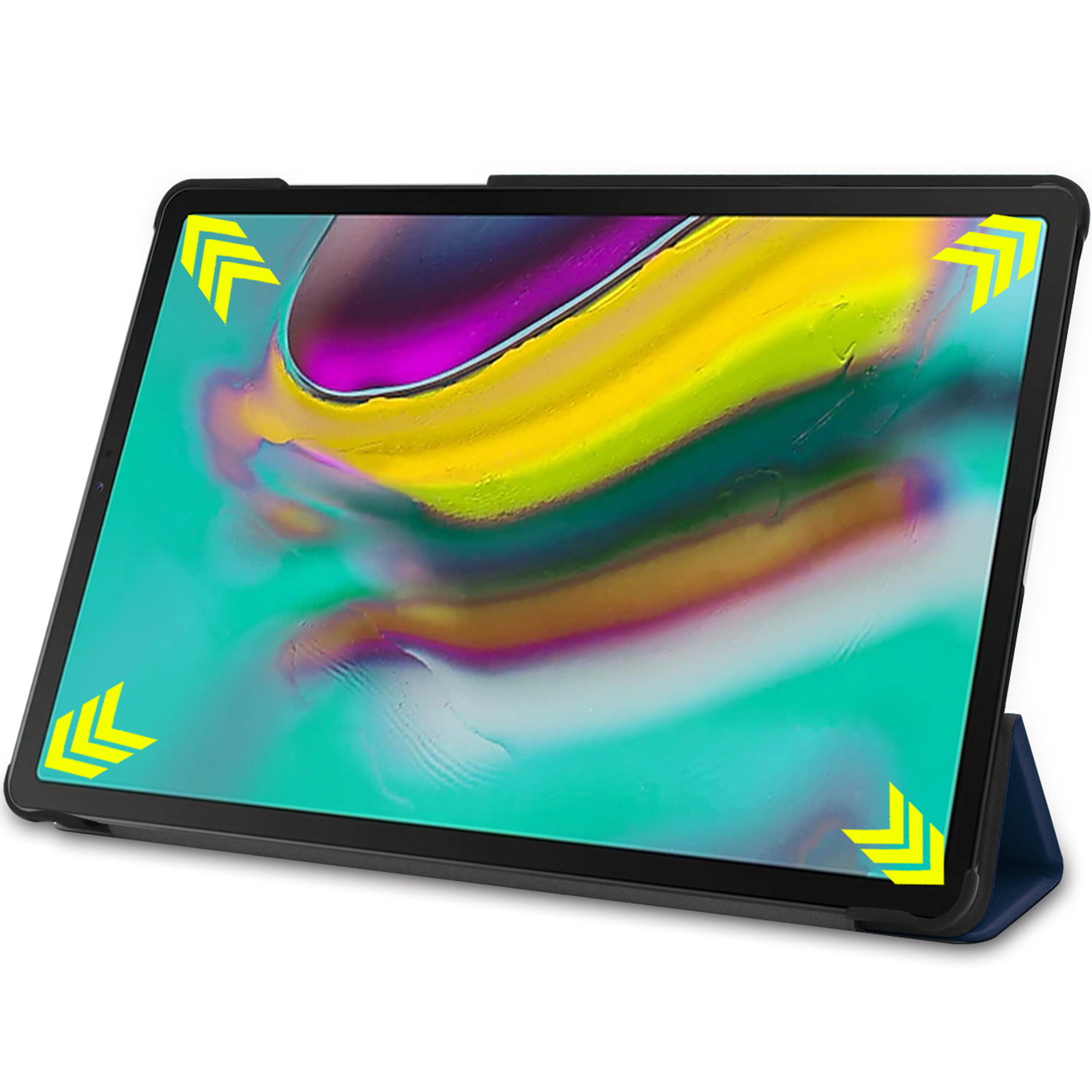 A black tablet with a blue stand and yellow arrows on the screen.