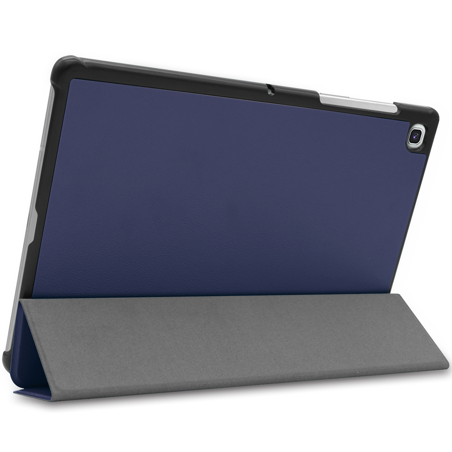 A dark blue tablet with a gray standing case, on a white background.