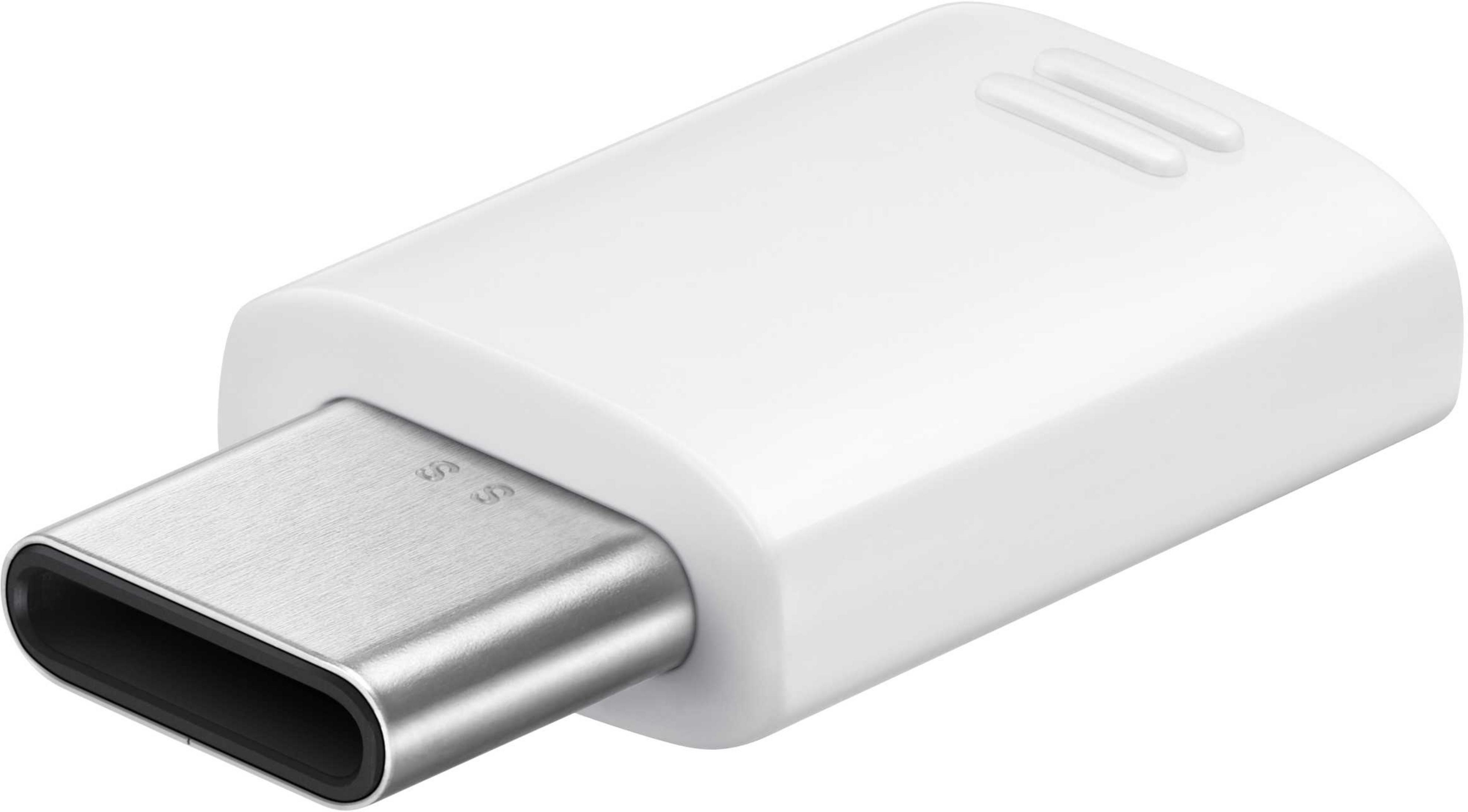 Biała przejściówka USB-C ze srebrnym złączem. Białe tło.