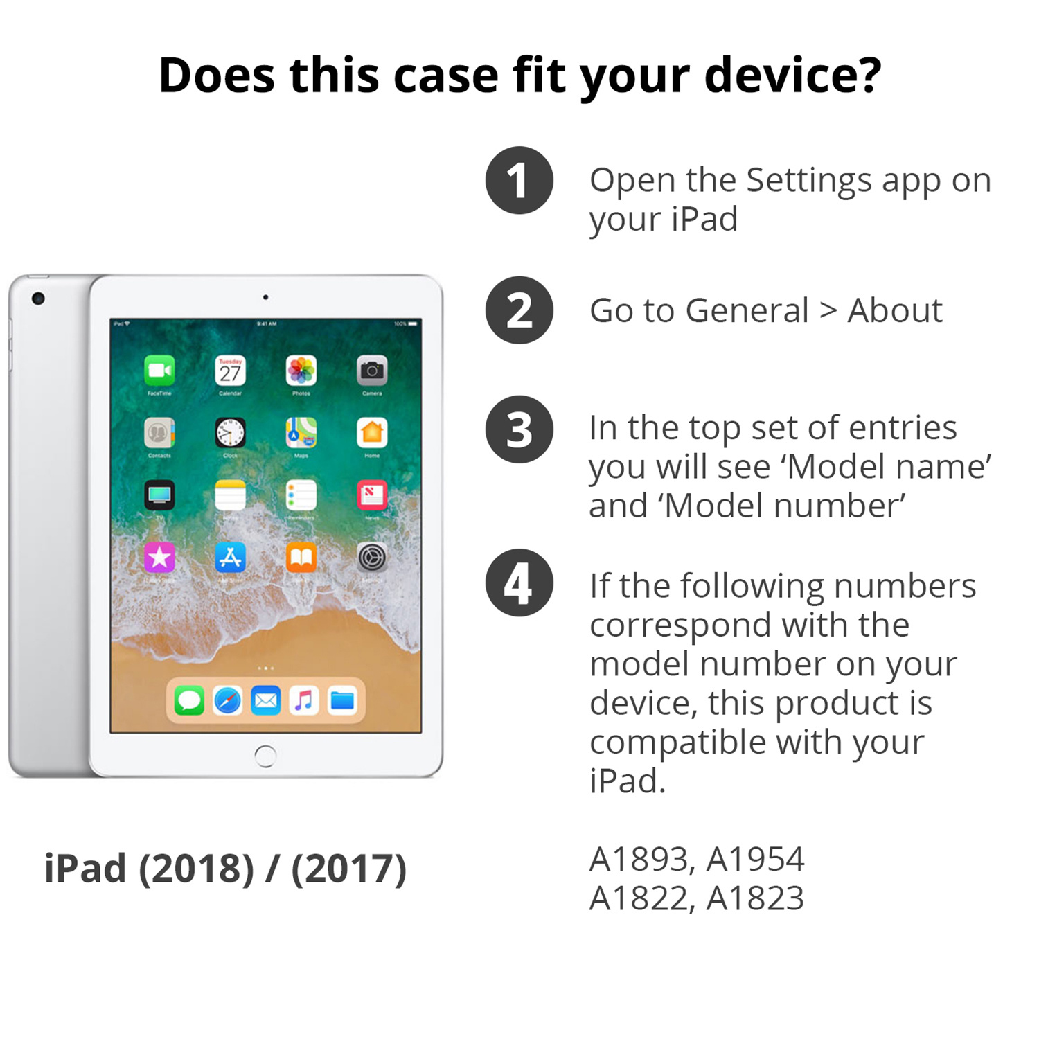 iPad (2018) / (2017) met instructies. Het scherm toont apps. Tekst legt uit hoe je het model kunt vinden.