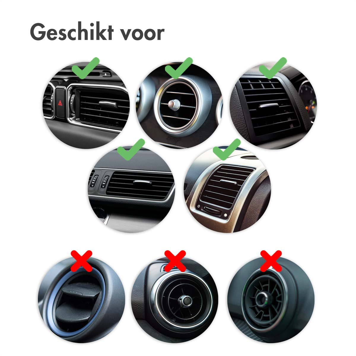 Images of car air vents. Green checkmarks show which are suitable, red X's show which are not.