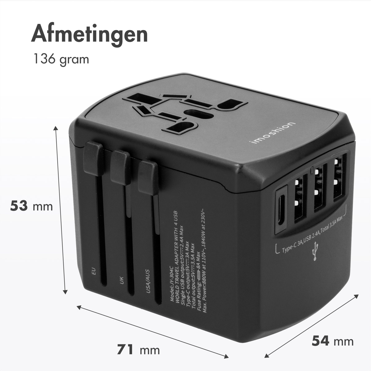 Zwarte reisadapter met uitschuifbare pinnen voor EU, VK, VS/AUS. Afmetingen: 71x53x54mm.