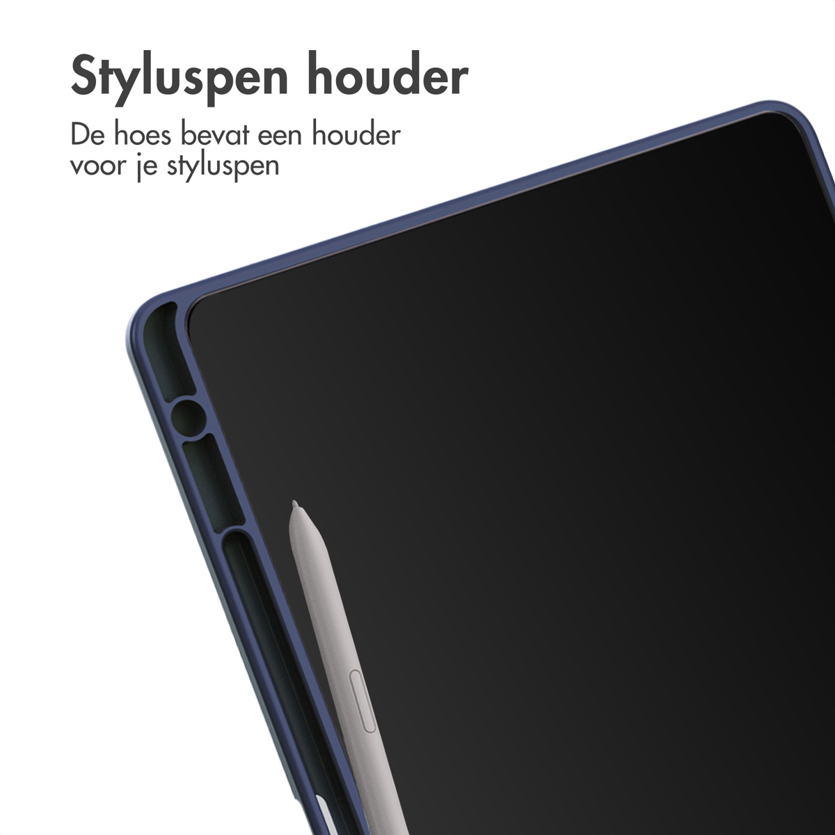 A tablet case with a stylus pen holder and a stylus pen inside.