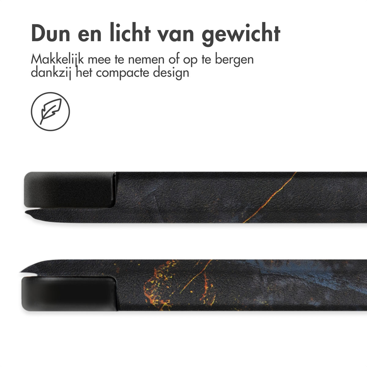 Deux vues rapprochées d'un étui noir. L'étui a une texture semblable au marbre. Le texte indique qu'il est fin et léger.