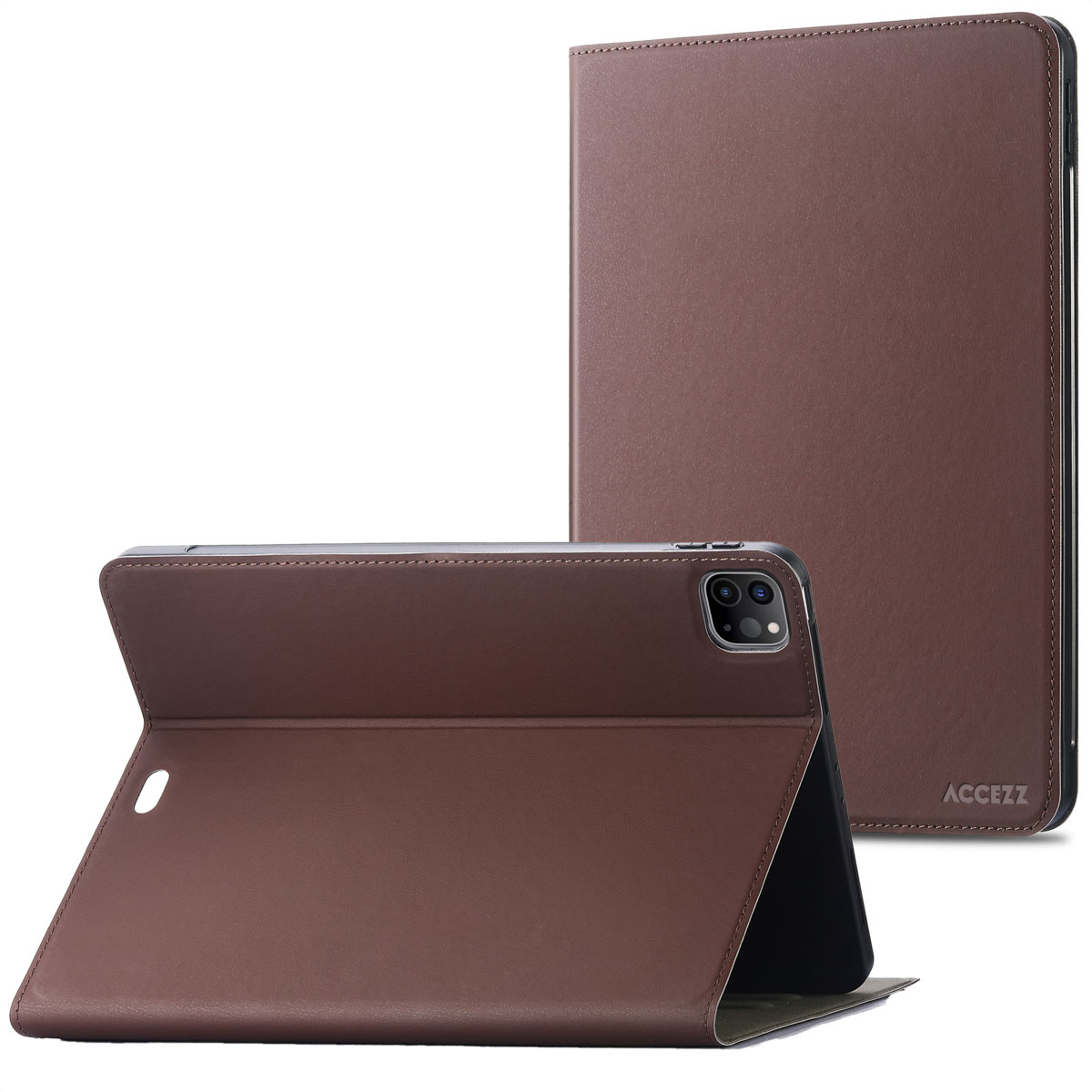 Brown leather tablet case with a tablet inside. The case is shown in open and closed positions.