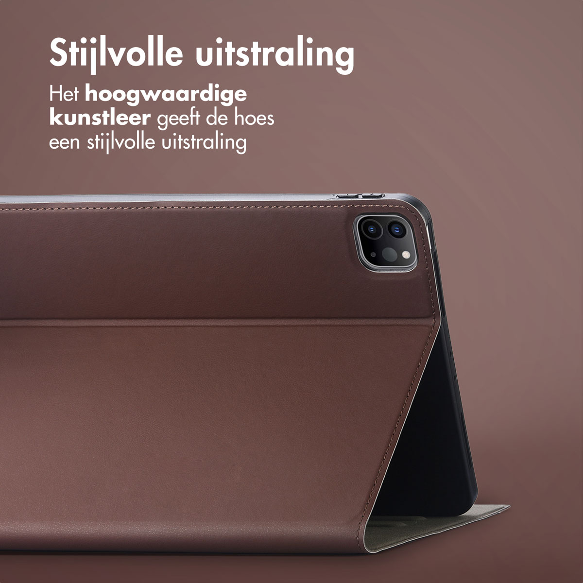 A brown leather tablet case with a cover folded back. It has a stylish appearance.