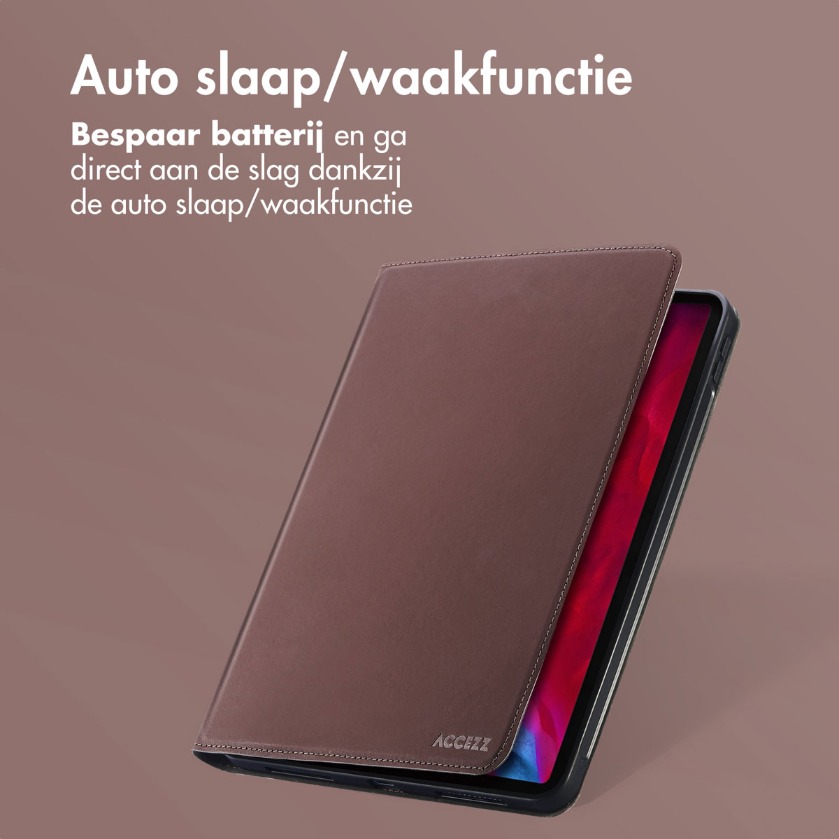Brown leather tablet case, open to reveal a tablet with a red screen, with text at the top.