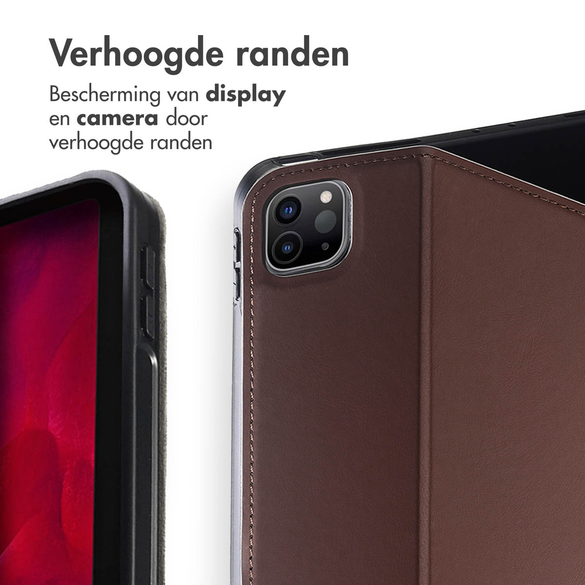 Tablet case with raised edges for display and camera protection. Brown leather texture.