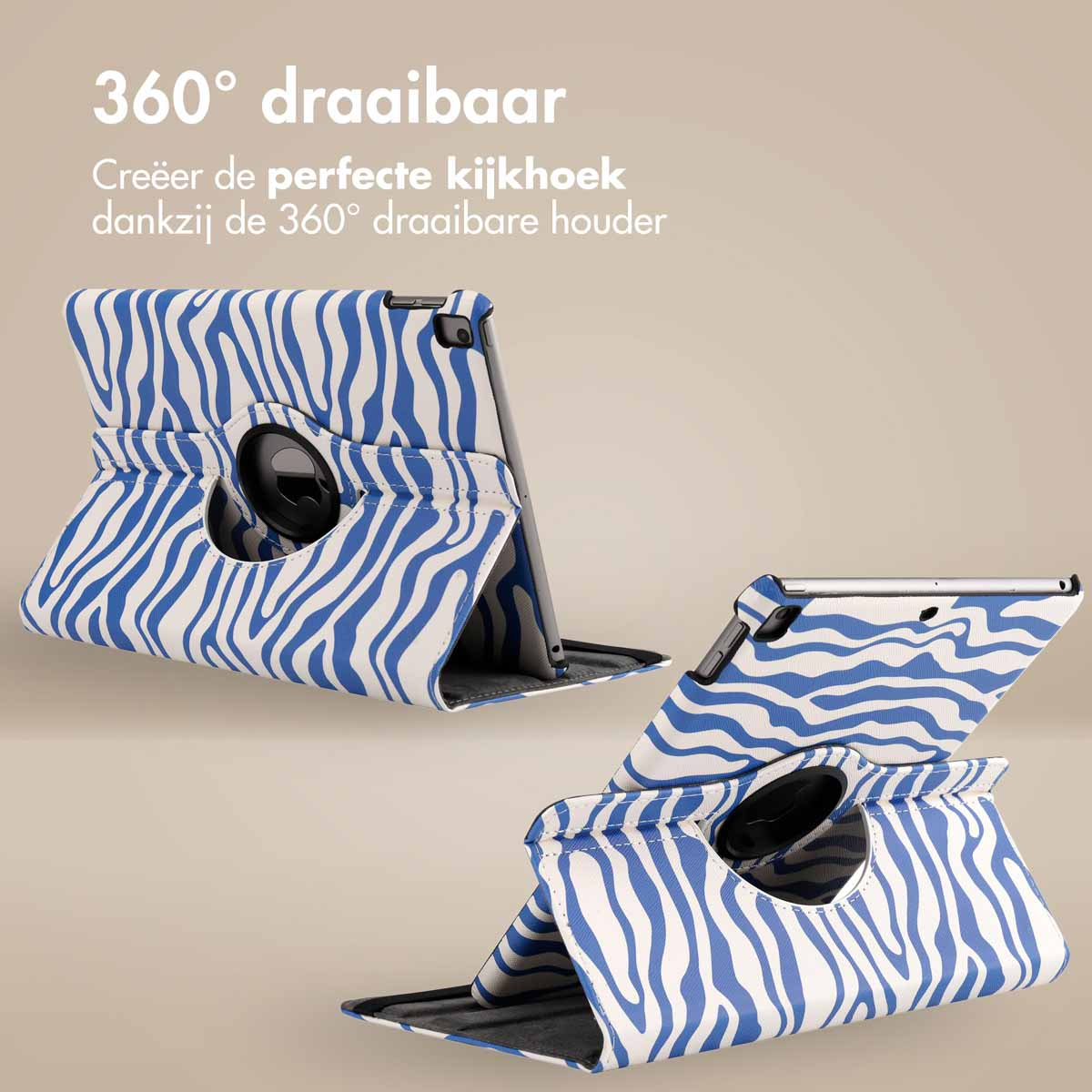 Three tablet cases with blue and white zebra print pattern, one open, others closed, on a surface.