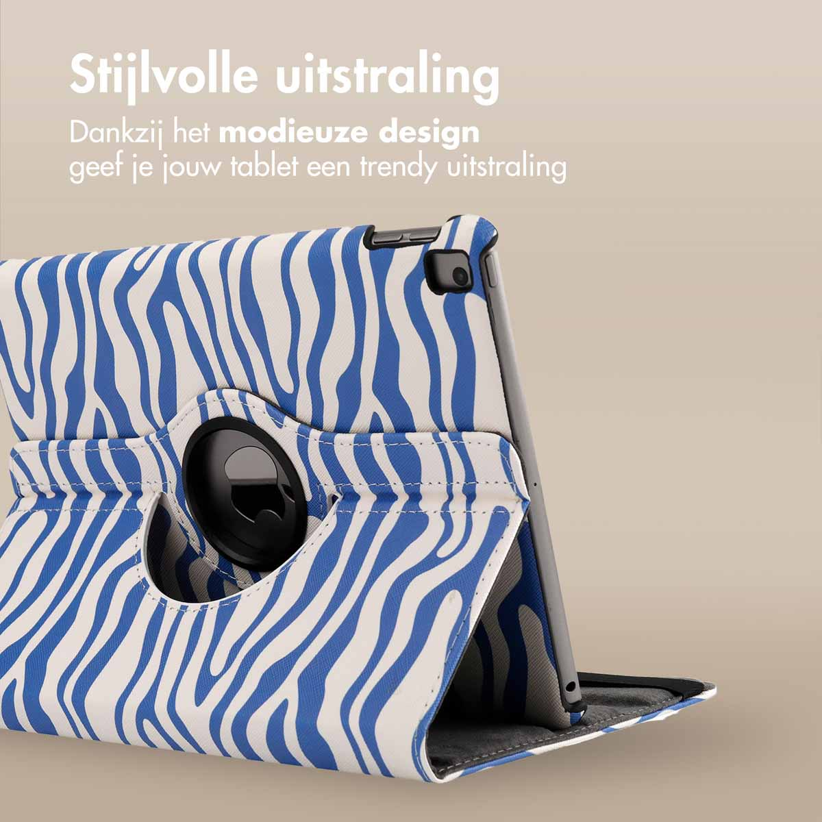 A tablet case with a zebra pattern, with the cover folded. It has a trendy design.