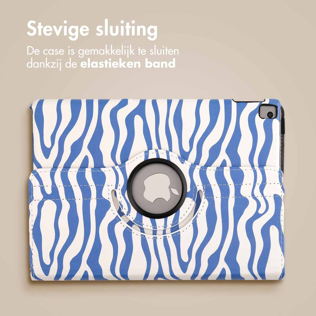 Tablet case with zebra print. The case is open, showing the screen. Text states the case has a secure closure.