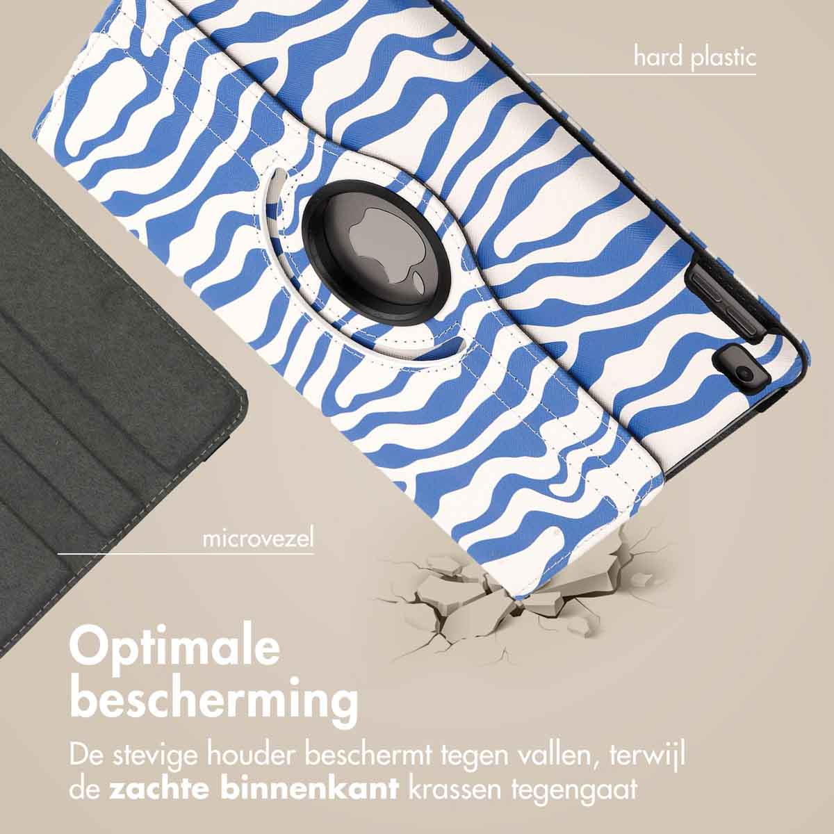 Tablet case with a blue and white pattern. The case has a black rotating ring and a microfibre interior.