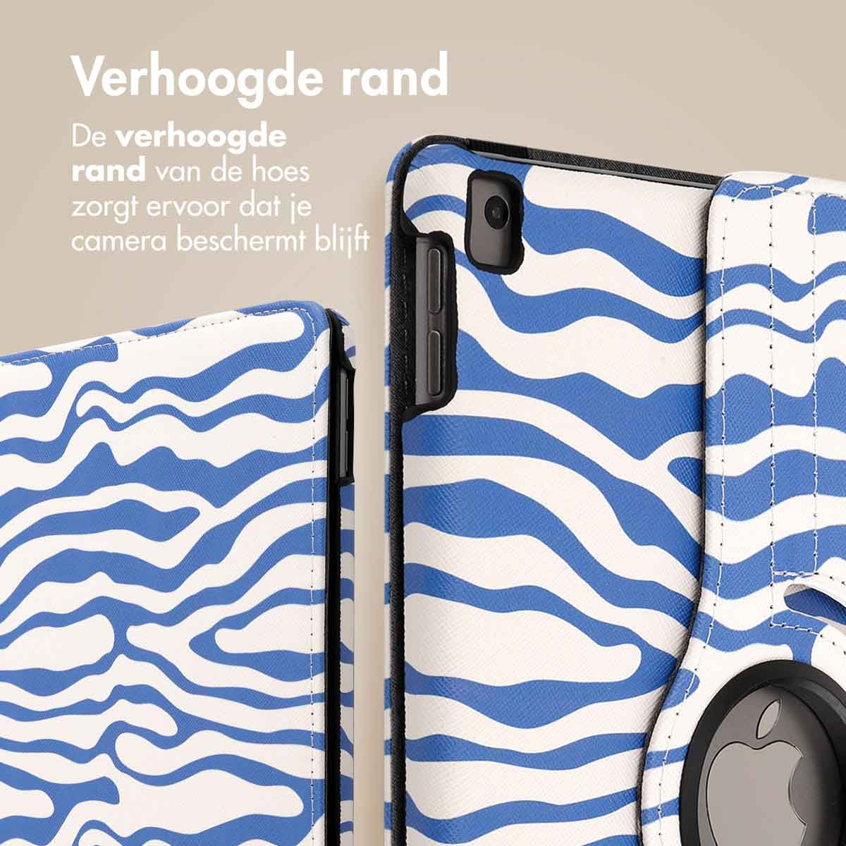 A white and blue patterned tablet case with a close up of the camera and the edge of the case.