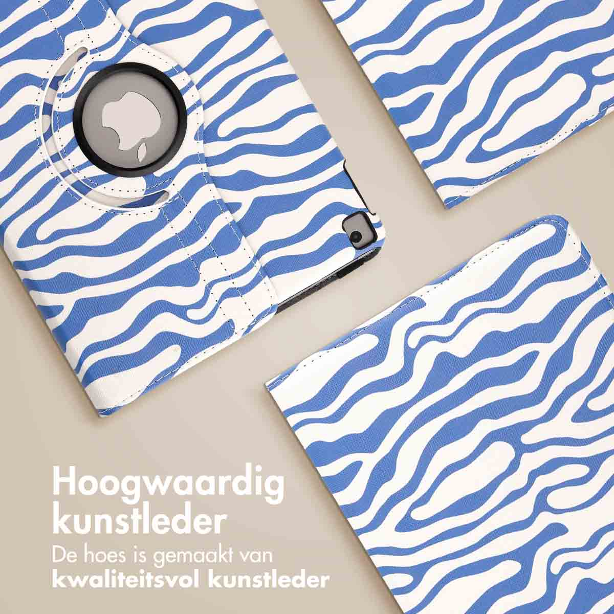 Tablet case with blue and white zebra pattern, Apple logo. Three pieces: front, back, and opened case.