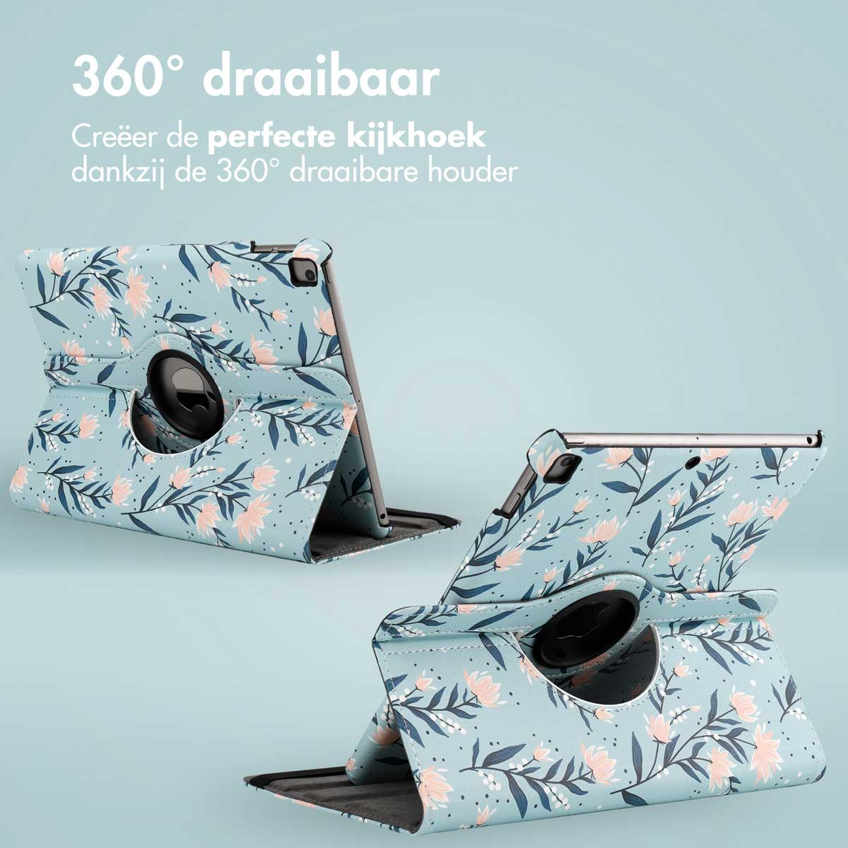Tablet case with floral design, showing 360 degrees rotation. Light blue background.