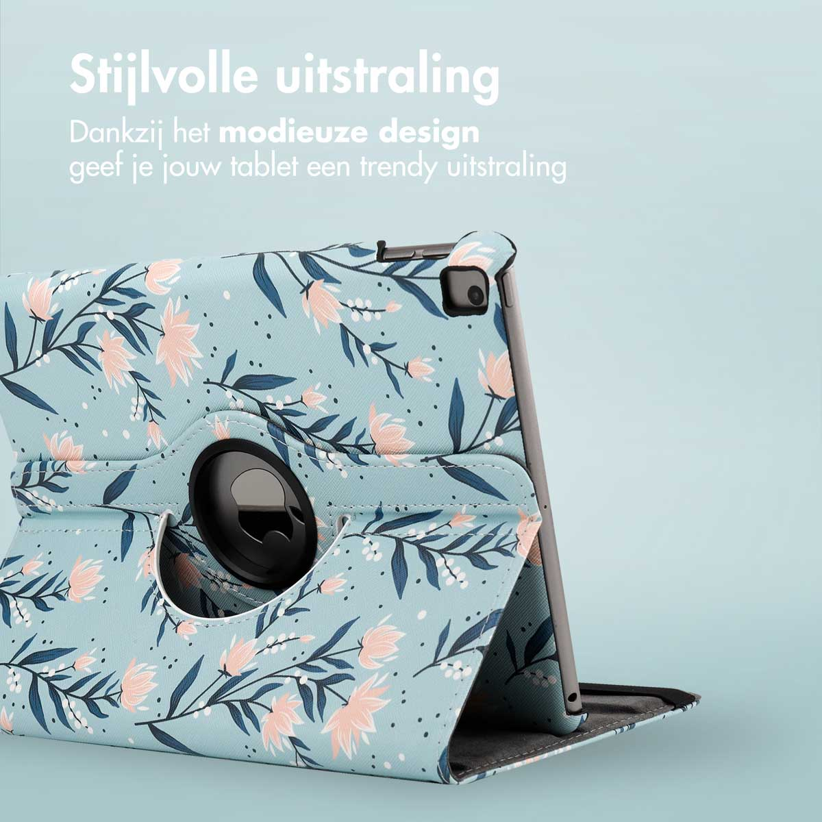 Tablet case with floral design, a 360-degree rotating stand, and a light blue backdrop.