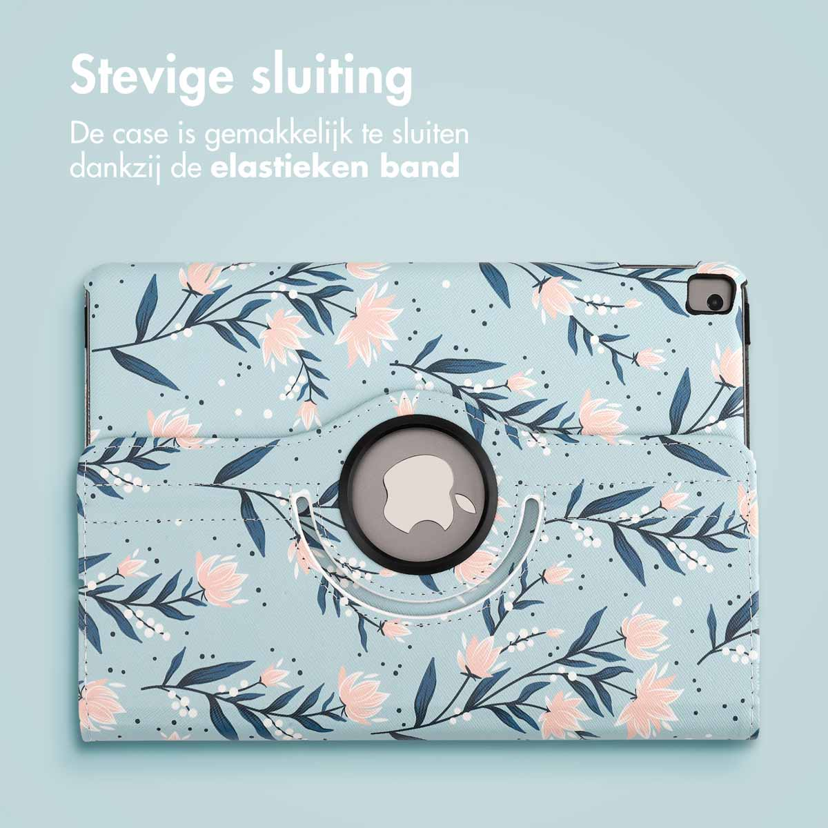 A tablet case with a floral pattern, closed. The case has an elastic band.