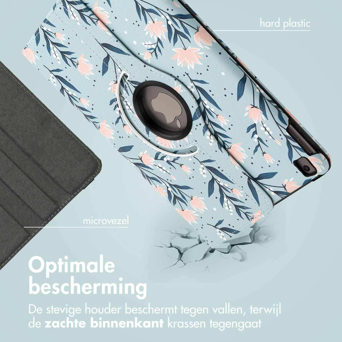 Tablet case with floral print and hard plastic. It is light blue with pink flowers.