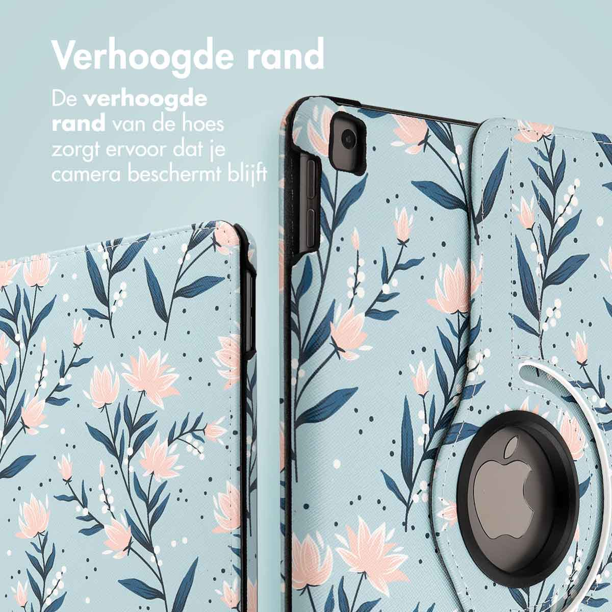 Tablet case with a floral design on a light blue background. Close-up view of the case.