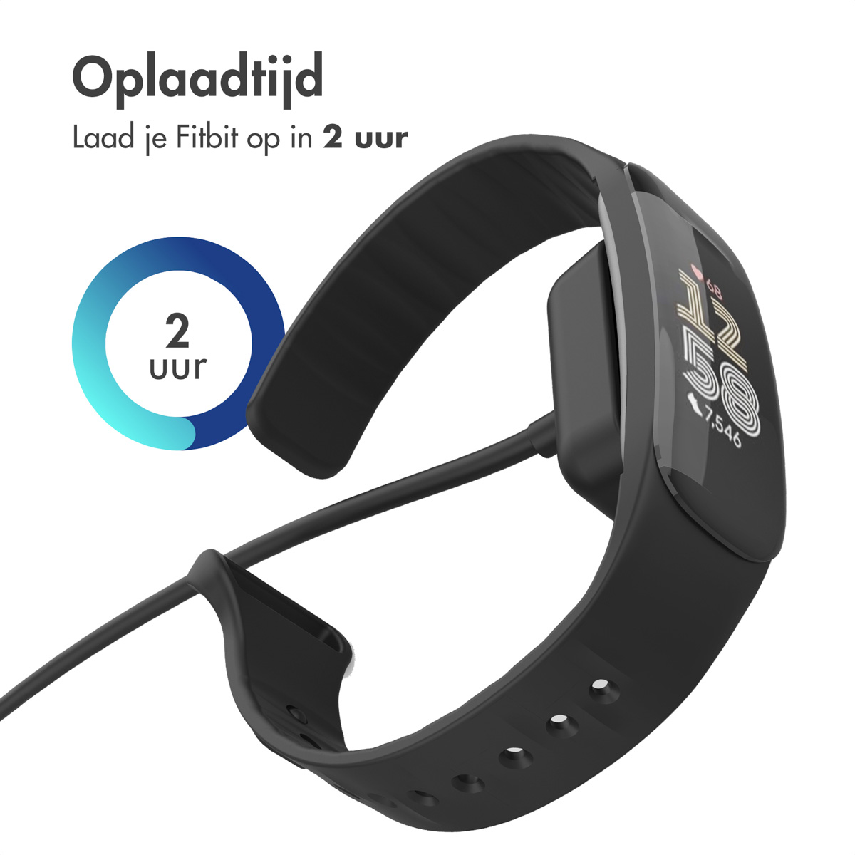Un tracker de fitness noir en charge. Un câble de chargement est connecté au tracker.