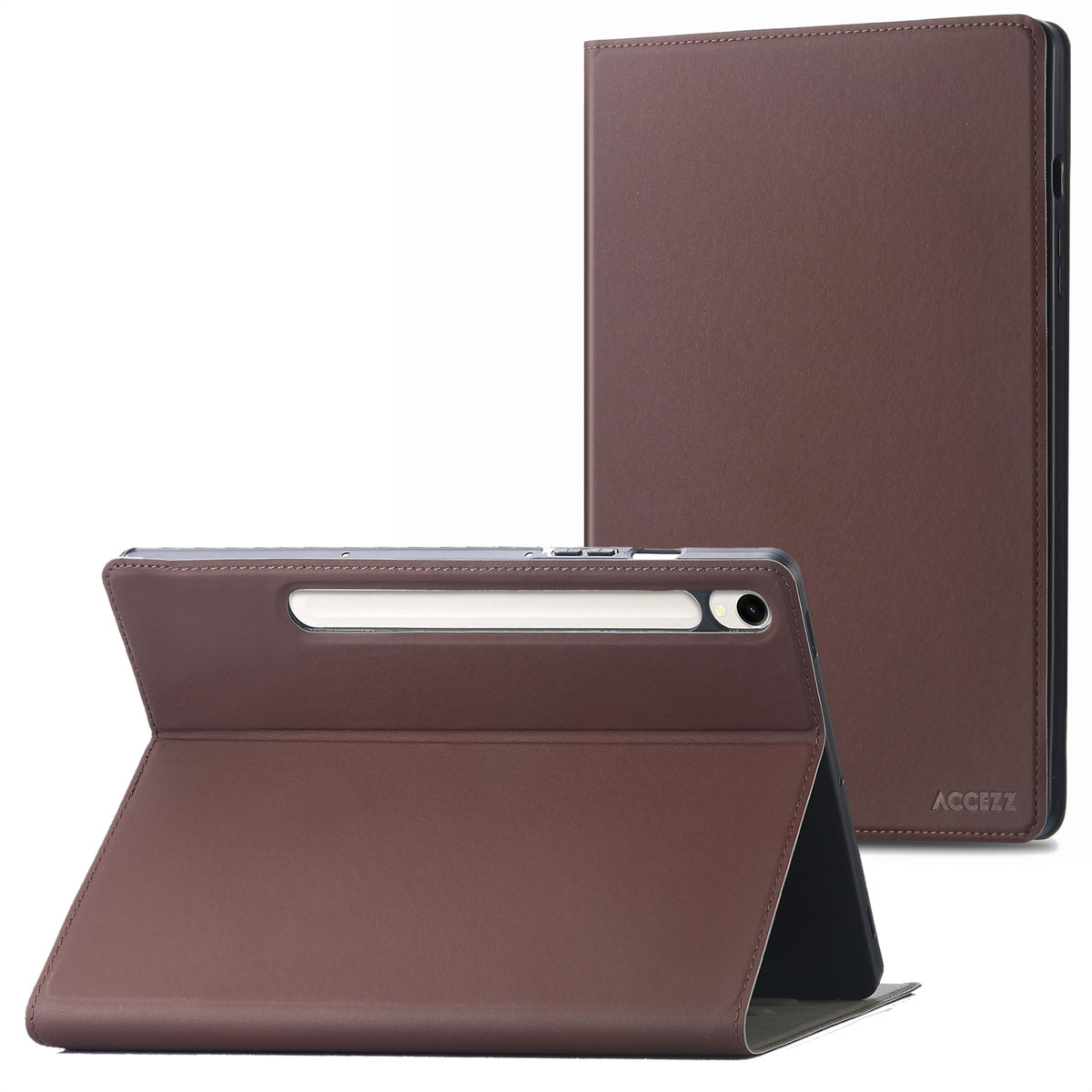 Tablette dans un étui marron, ouvert et fermé. L'étui possède un porte-stylo.