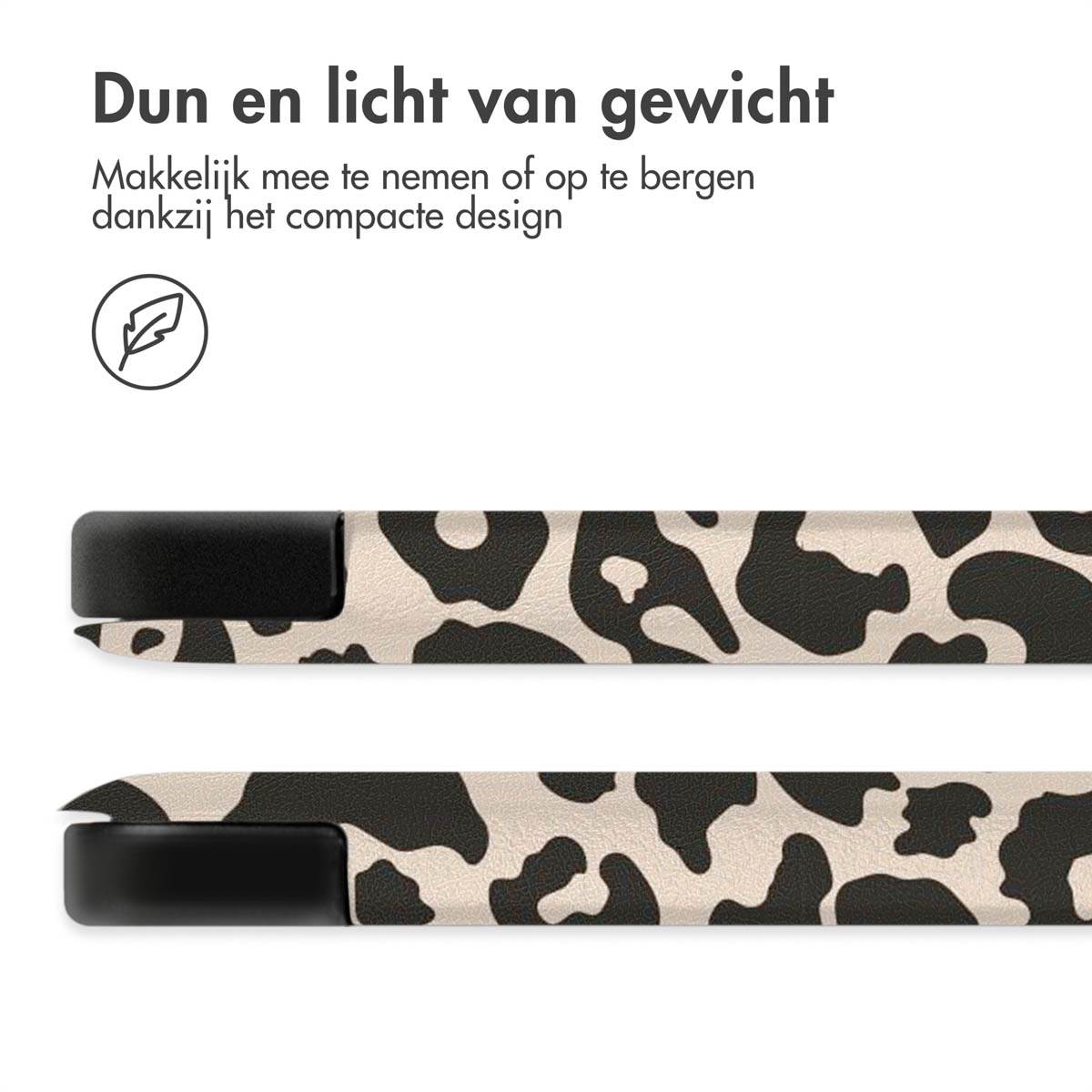 Tablethoes met koeienpatroon, toont het dunne en lichte gewicht. Witte achtergrond.