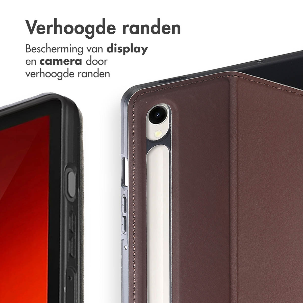 Une coque de tablette avec un extérieur marron semblable à du cuir. L'écran affiche le bord et la caméra.