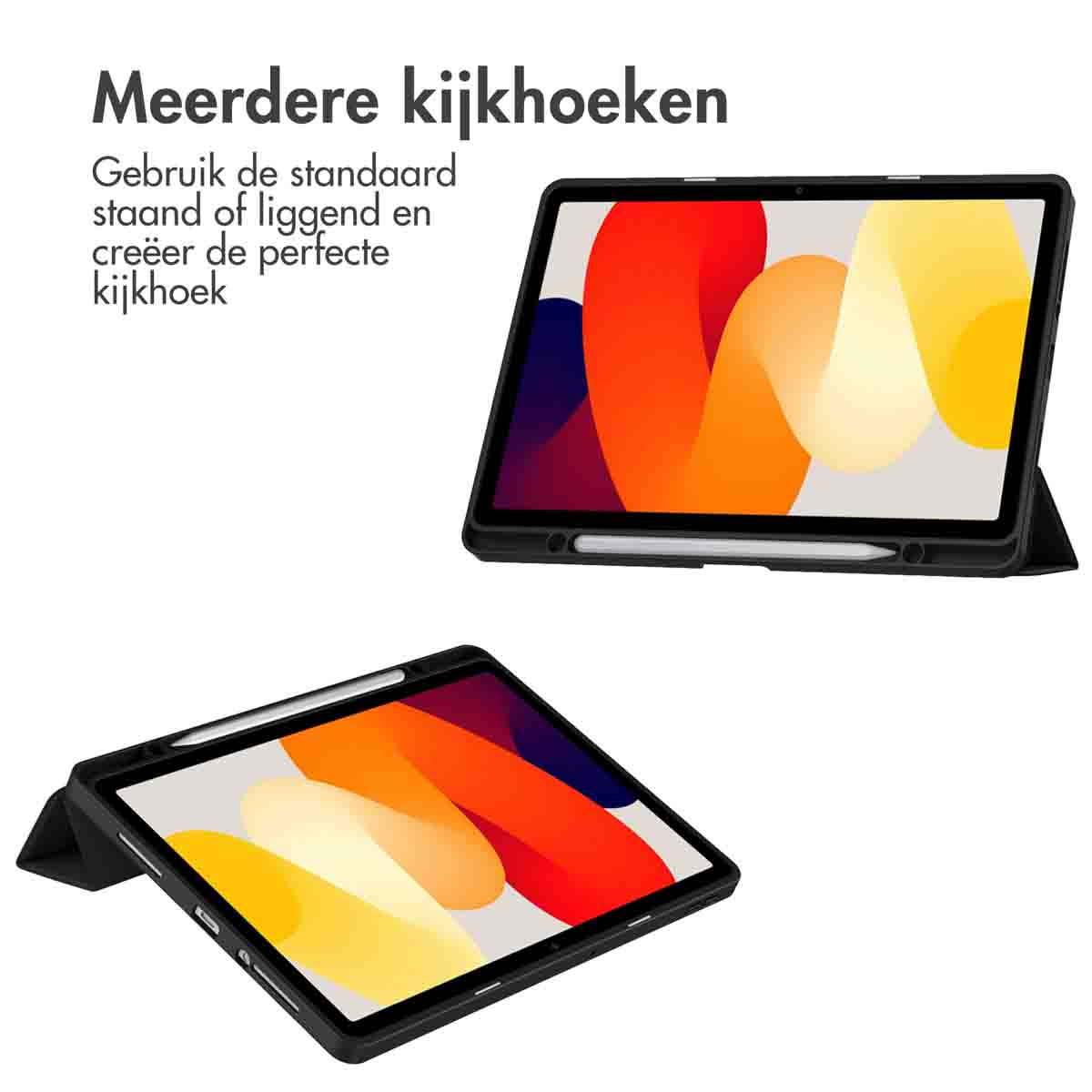 Two tablets in black cases. One is open, the other is closed. Text is in Dutch.