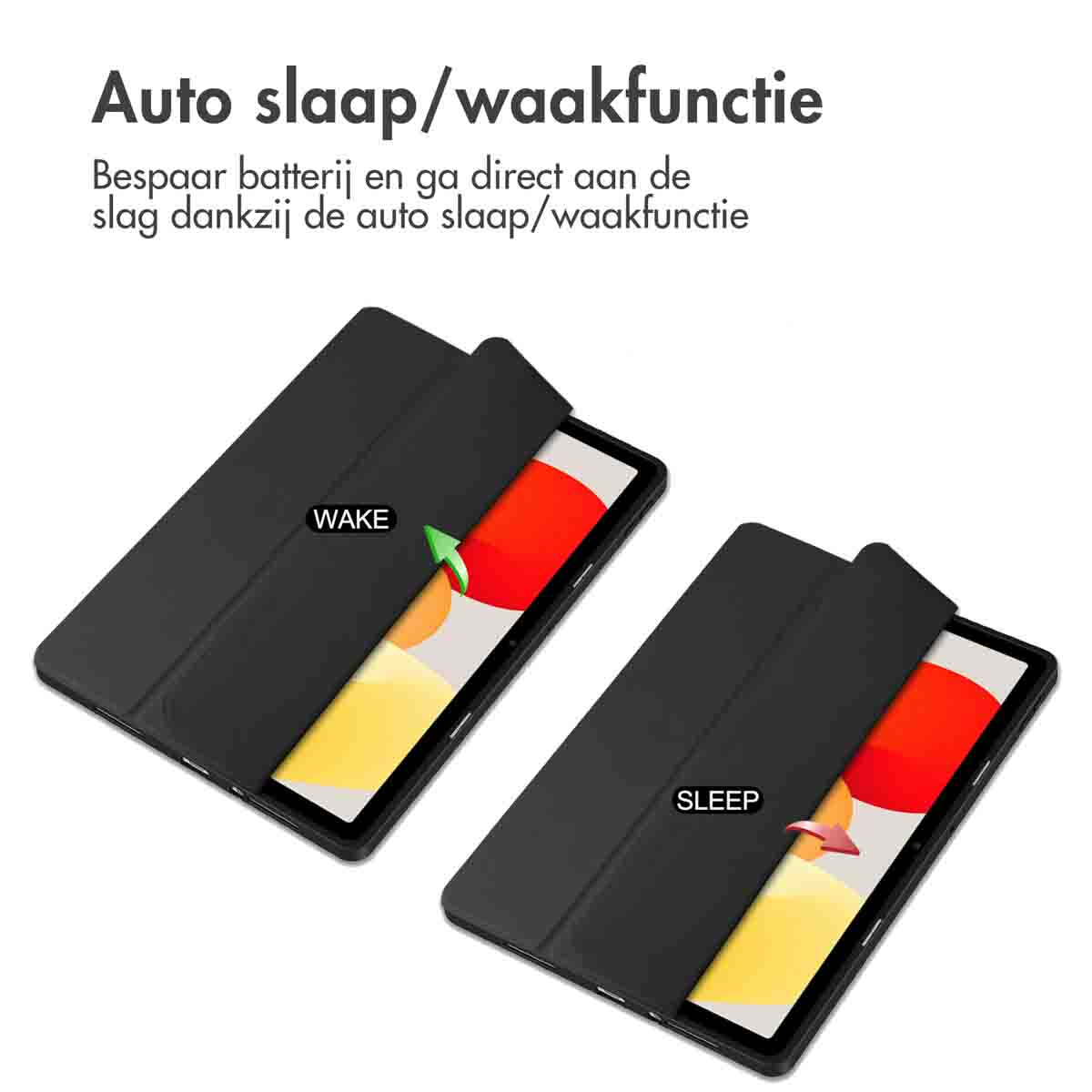 Two black tablet cases, one open and one closed. The tablet is red. Text says 'Sleep' and 'Wake'.