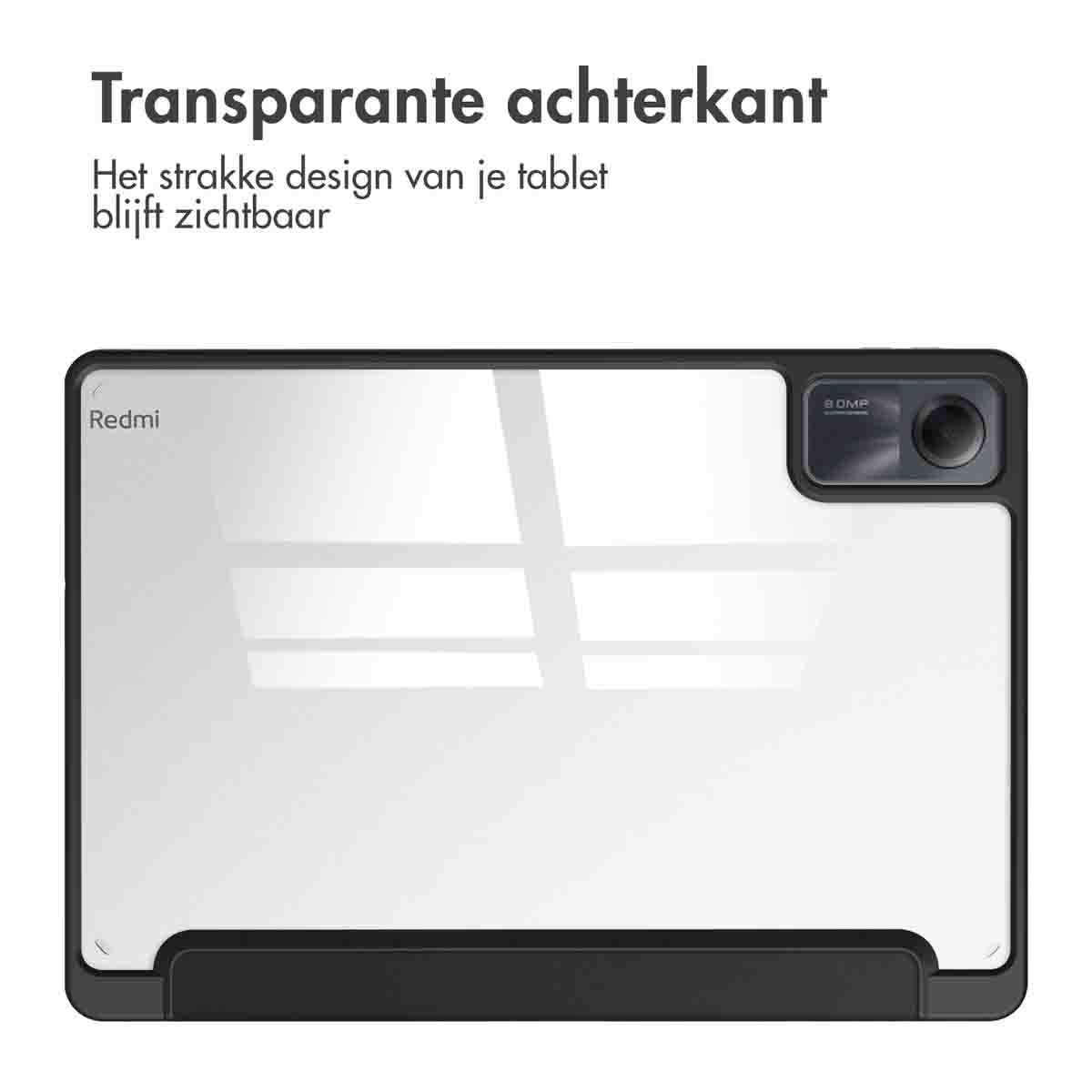 Clear back tablet case, showing a tablet. The back is clear. Text says 'Transparent back'.