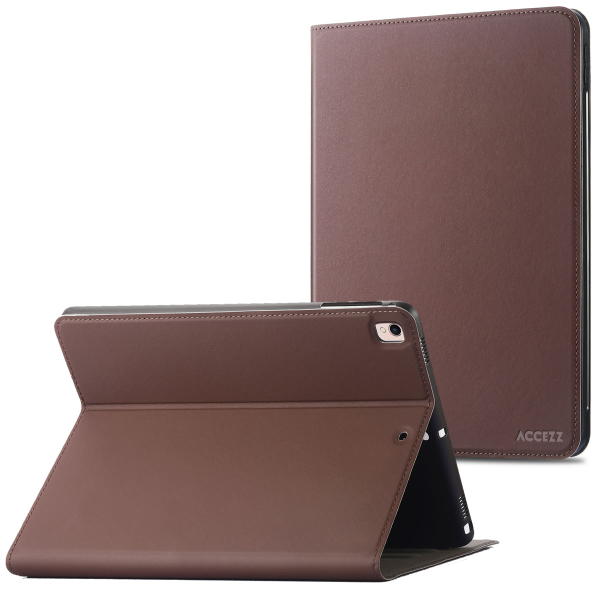 Bruine tablethoes, in twee delen. Eén deel is opengeklapt, met de tablet erin.