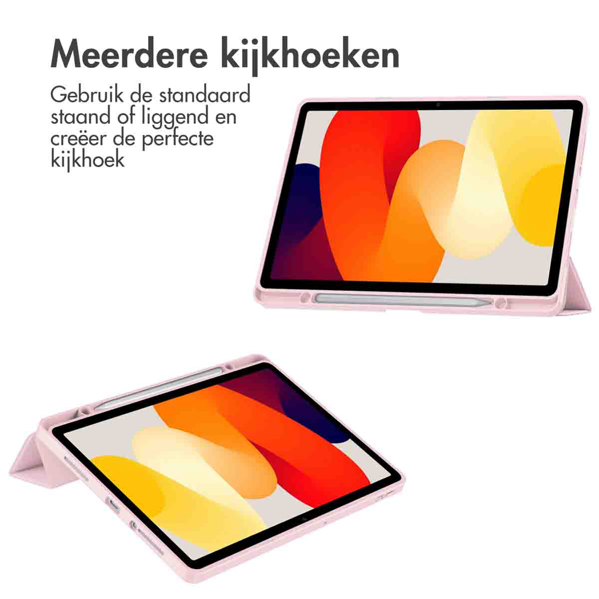 Pink tablet case with tablet inside. Two views. White background.