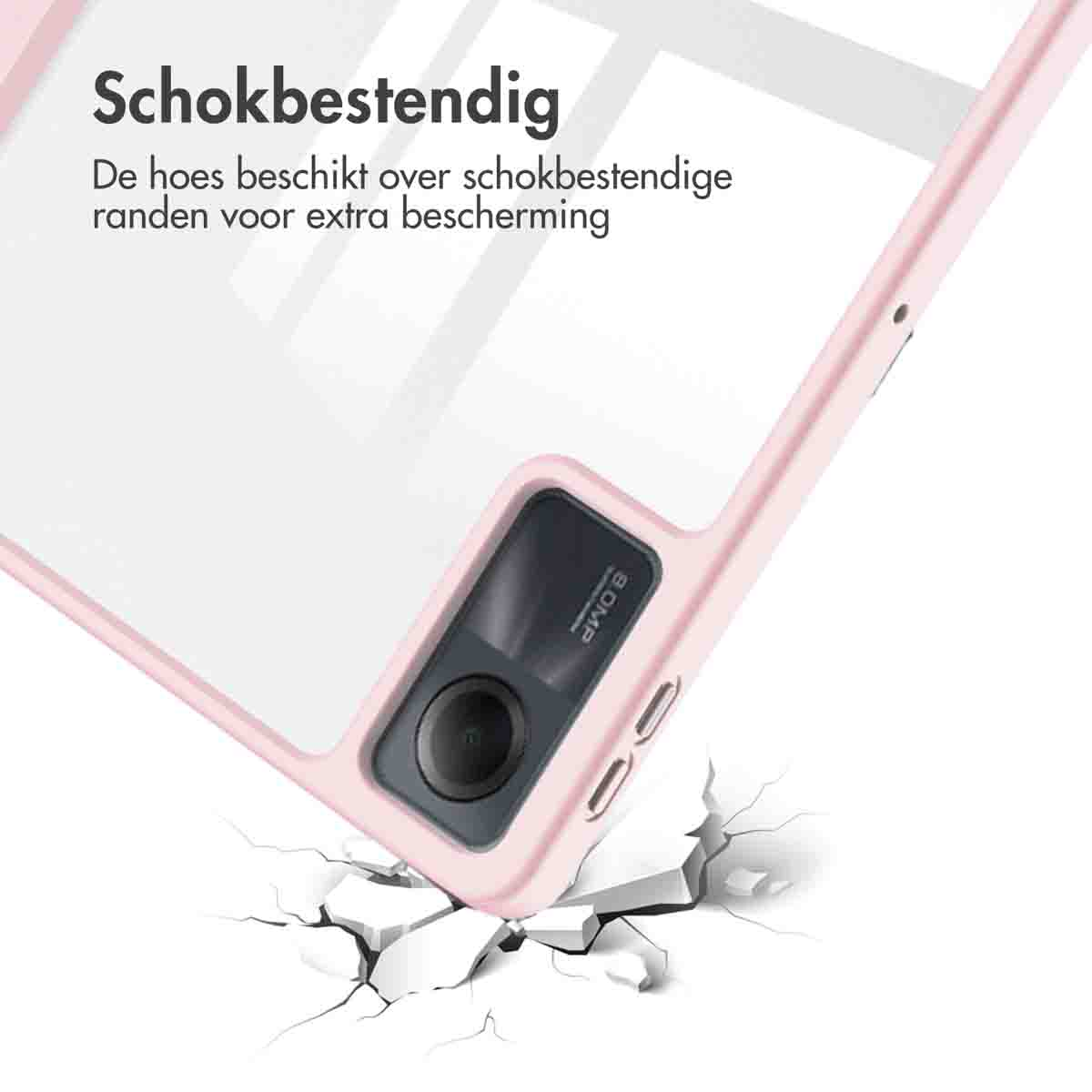 Pink tablet case with a clear back. The case is on a white surface, with cracks around it.