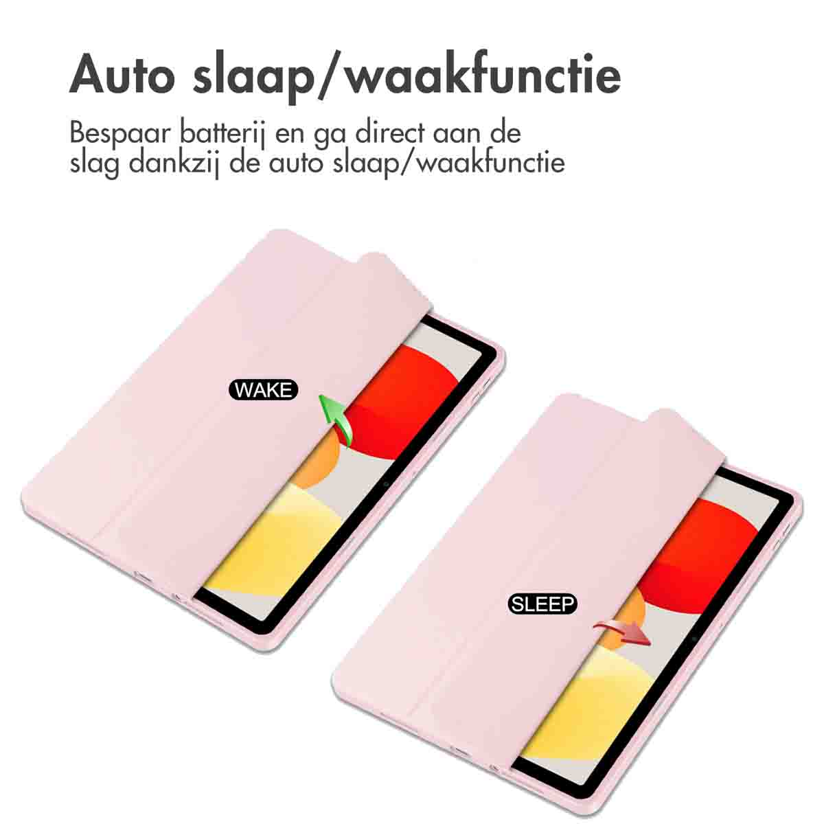 Two tablet cases, one open showing wake, and one closed showing sleep.