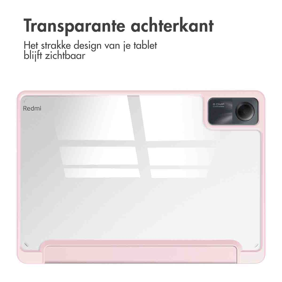 Pink tablet case with transparent back. Redmi logo is visible.