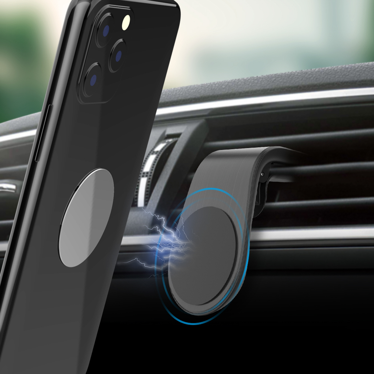 Een zwarte smartphone wordt magnetisch bevestigd aan een ventilatieroosterhouder.