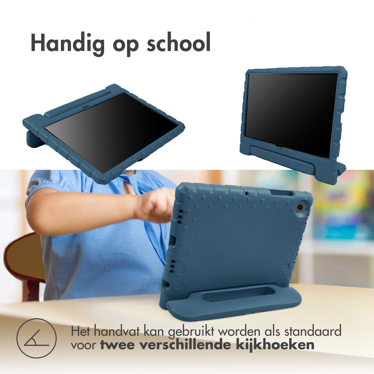 Blauwe tablethoes met een tablet erin. Een kind gebruikt de tablet. Witte achtergrond.