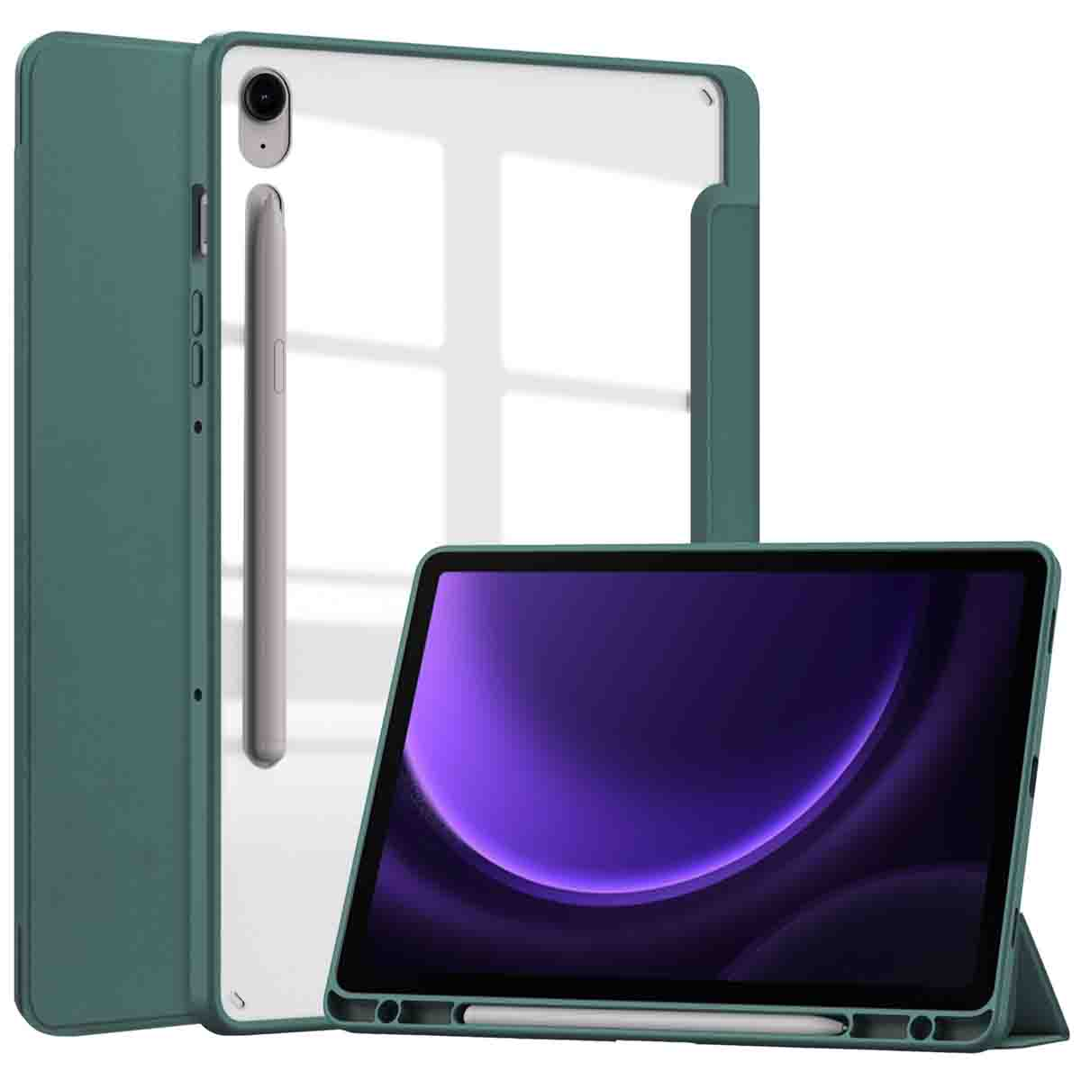 Groene tablethoes met doorzichtige achterkant, stylus en paars scherm.