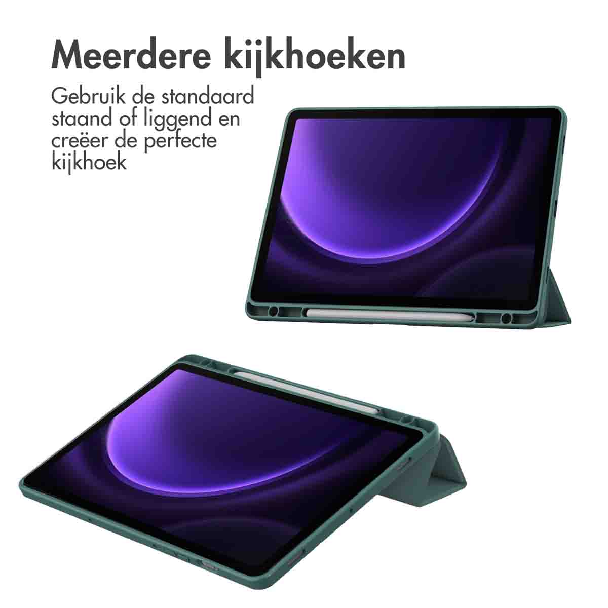 Twee tablets met hoesjes. Beide in verschillende posities. Tekst zegt dat de hoes meerdere kijkhoeken toelaat.
