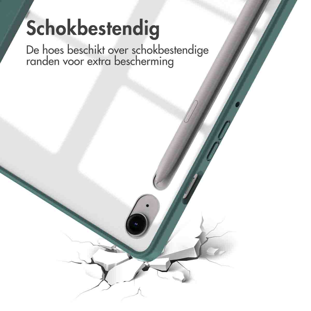 Een transparante tablethoes met een witte achtergrond. Een potlood ligt in de buurt.
