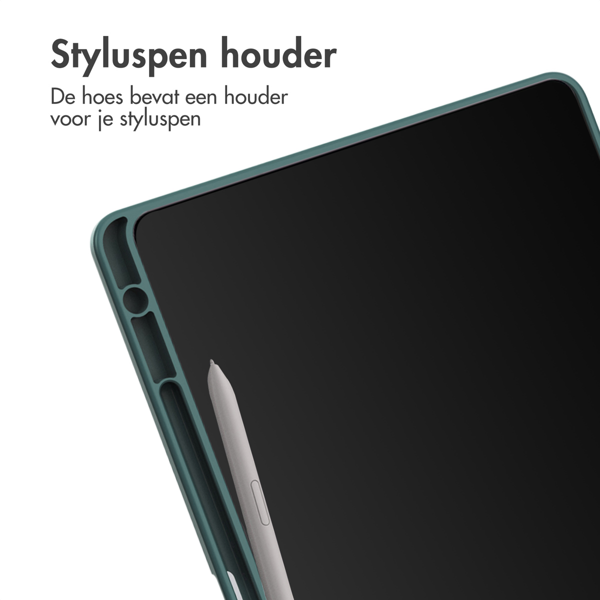 Een tablethoes met een styluspen. De hoes wordt in een close-up getoond.