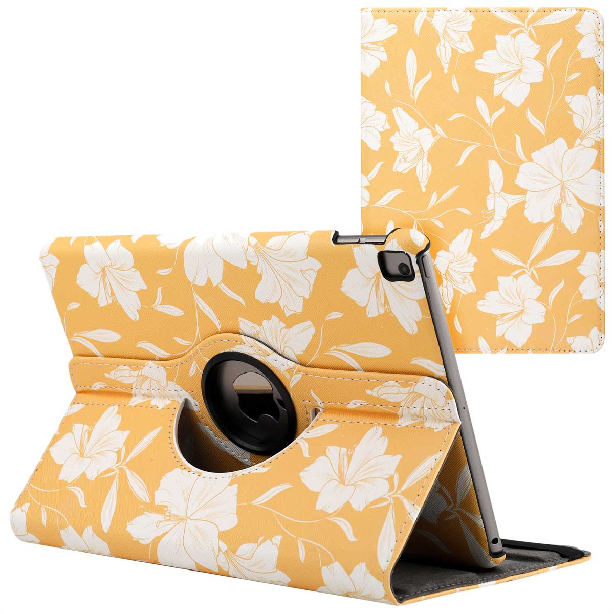 Yellow tablet case with white floral pattern. Two views: open and closed. Tablet is in the case.