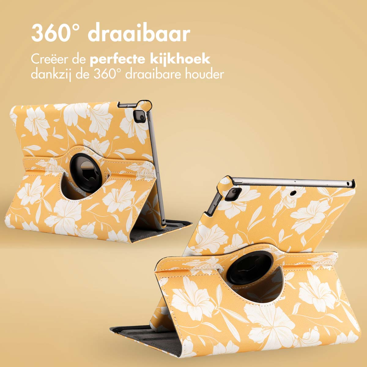 A yellow tablet case with a floral design. The case is shown in multiple positions.