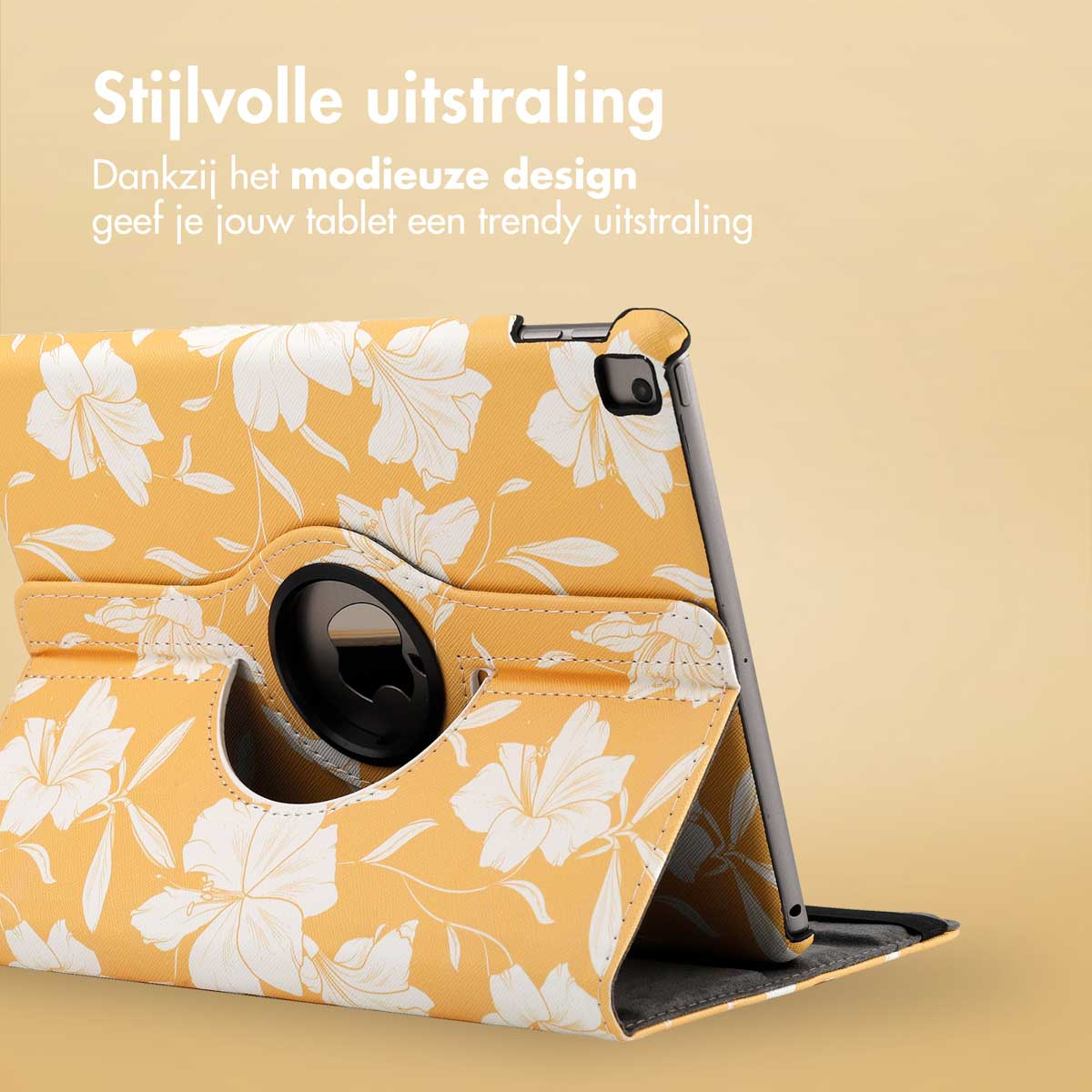 A yellow tablet case with white flowers is shown. The tablet is in the case. The text says "Stijlvolle uitstraling".
